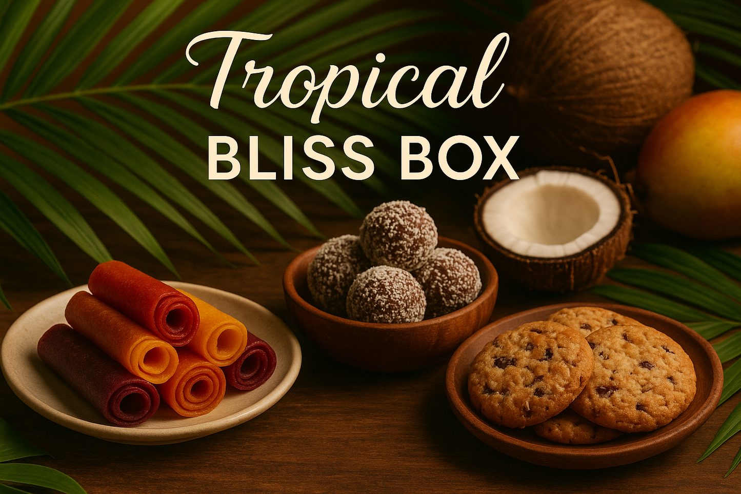Create an image for a combo of these products
Fruit Roll Ups 
Cocounut Choco Ladoo 
Coconut and Dates Cookies
and it as 
"Tropical Bliss Box"