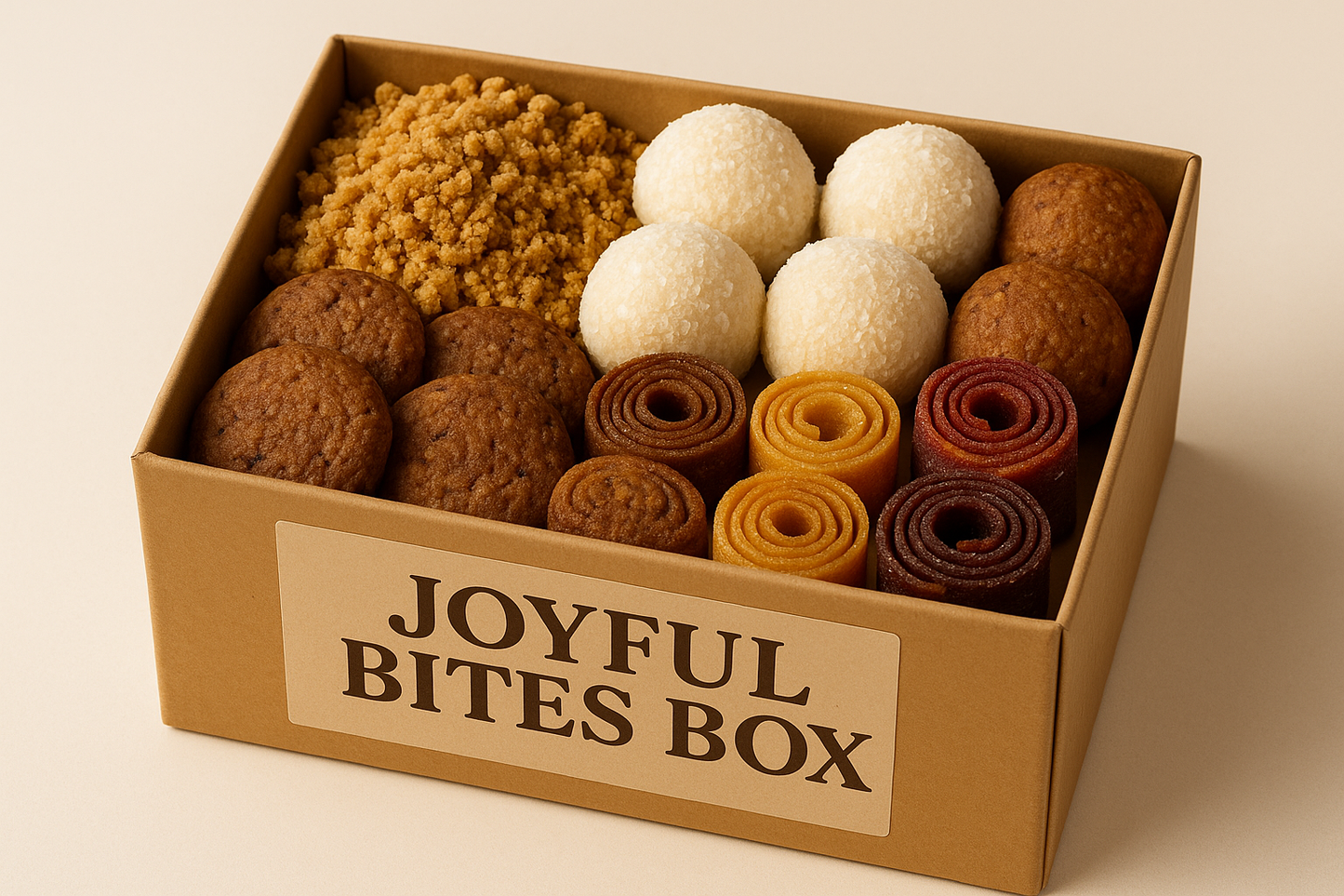 Create an image for these offering. Lighter background 
Traditional Panjeeri (500gm) 
Coconut Ladoos (500gm)
Almond Flour and Dates Cookies (Pack of 10 Cookies)
Fruit Roll Ups (Mixed Fruits) (Pack of 8)
Name it as Joyful Bites Box