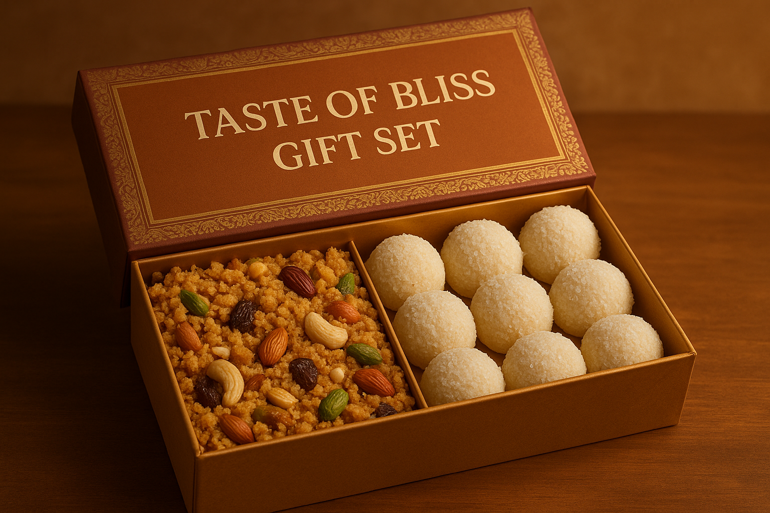 Creat an image of combo offering of

Panjeeri
Coconut Ladoos

Name it Taste of Bliss Gift Set