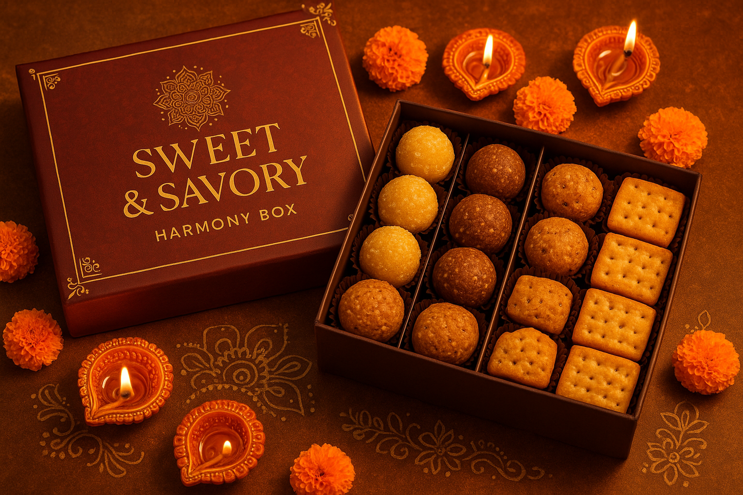 Create an image for a diwali combo of

Coconut Bites/Ladoo
Almond &amp; Dates Bites/Ladoo
Coconut &amp; Dates Cookies
Nut Free Salty Crackers

Name it as Sweet & Savory Harmony Box