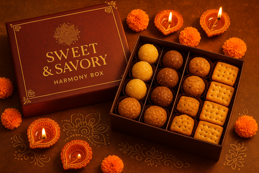 Create an image for a diwali combo of

Coconut Bites/Ladoo
Almond &amp; Dates Bites/Ladoo
Coconut &amp; Dates Cookies
Nut Free Salty Crackers

Name it as Sweet & Savory Harmony Box