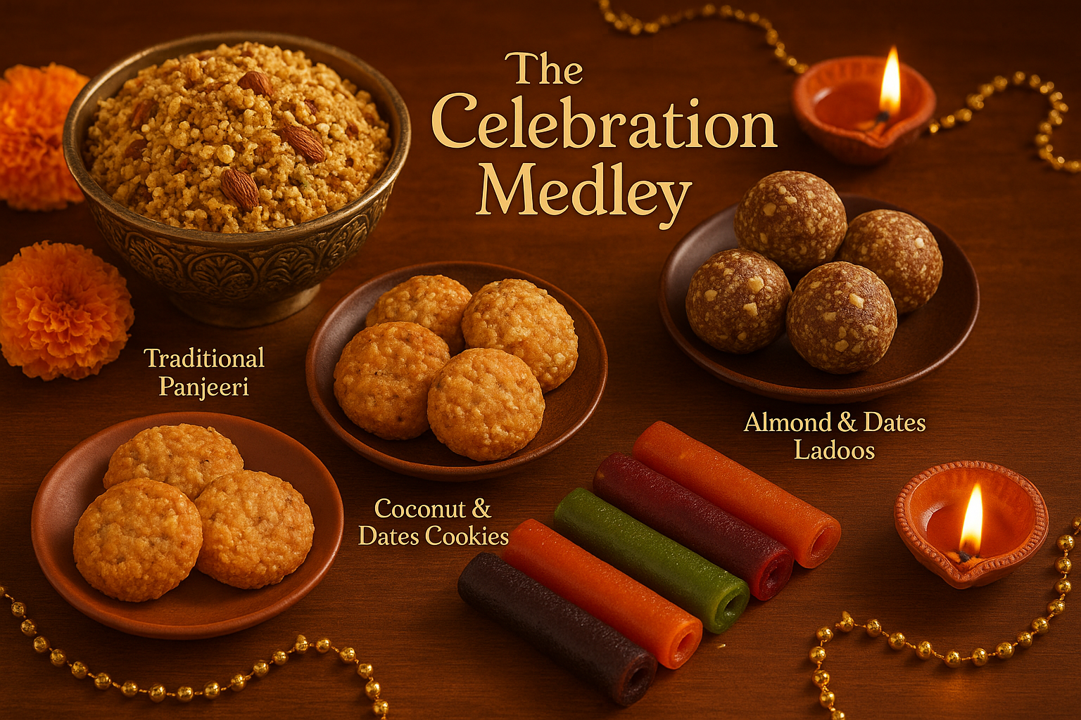 Create an image for these 4 product combo

Traditional Panjeeri (500gm)
Almond and Dates Ladoo (500gm)
Coconut and Dates Cookies (Pack of 10 Cookies)
Fruit Roll Ups (Mixed Fruits) (Pack of 8)

Name it The Celebration Medley
