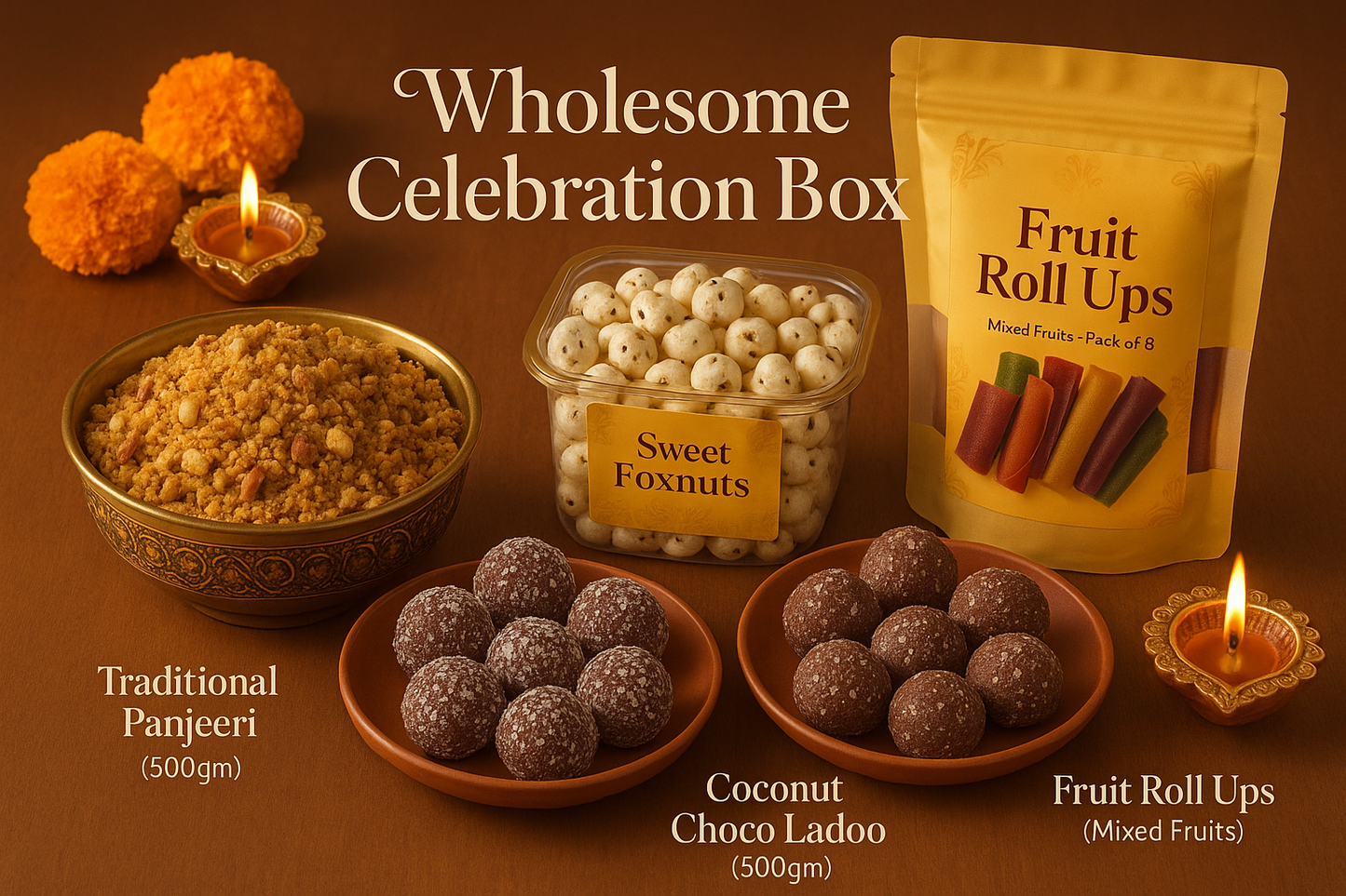 Create an image for these 4 product combo

Traditional Panjeeri (500gm)
Coconut Choco Ladoo (500gm)
Sweet Foxnuts
Fruit Roll Ups (Mixed Fruits) (pack of 8)

Name it Wholesome Celebration Box