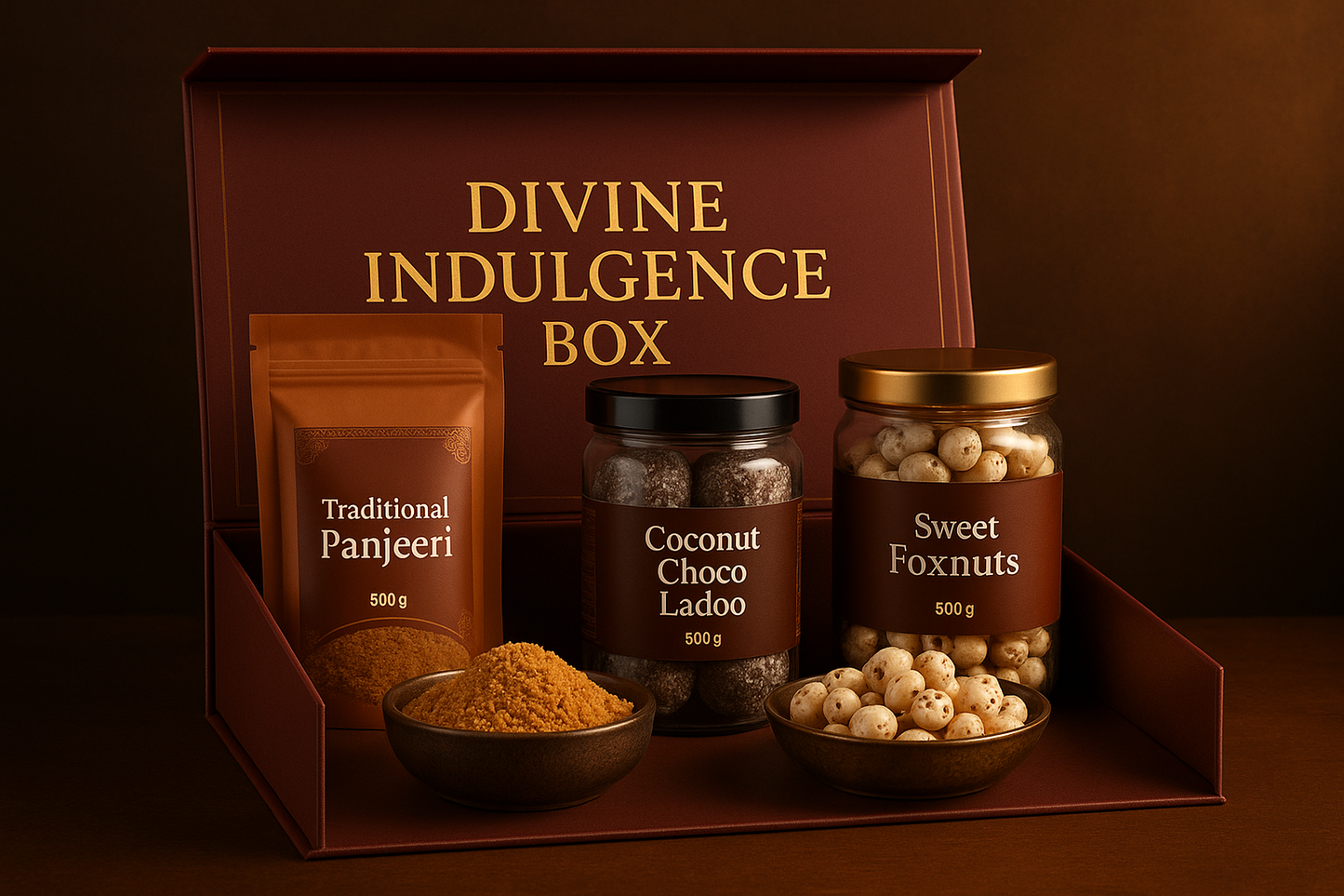 Create an image of the combo offering of these 3 products

Traditional Panjeeri (500gm) Coconut Choco Ladoo (500gm) Sweet Foxnuts

Name it Divine Indulgence Box