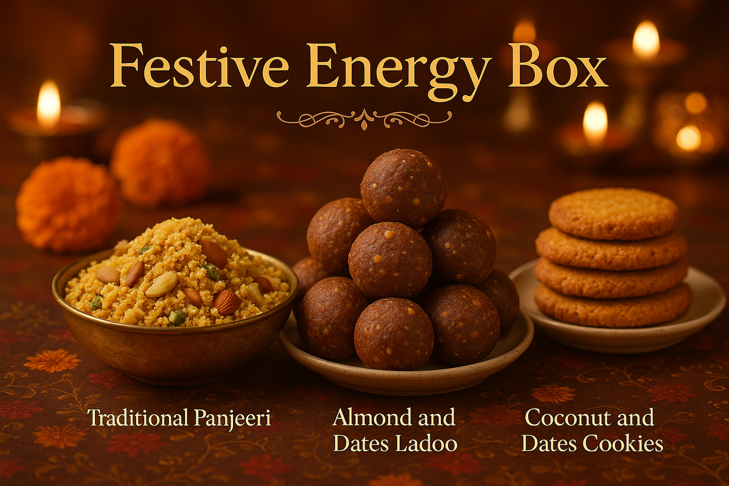 Create an image of these product combo and name this combo as Festive Energy Box

Traditional Panjeeri (500gm)
Almond and Dates Ladoo (500gm)
Coconut and Dates Cookies (Pack of 10 Cookies)